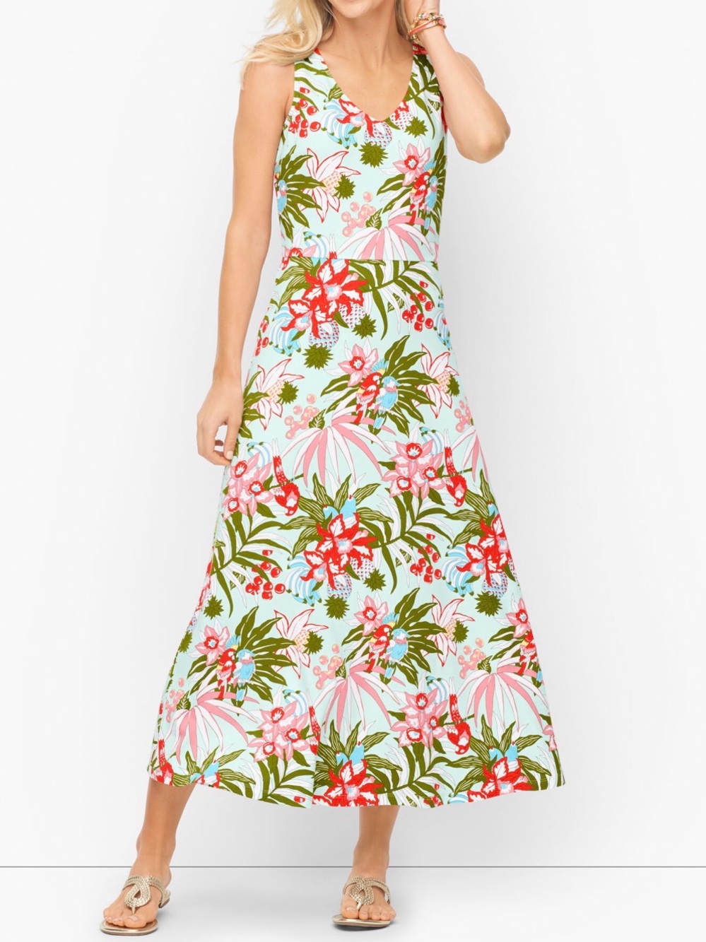 Talbots Floral V-Neck Maxi Dress in Light Blue, Red and Green